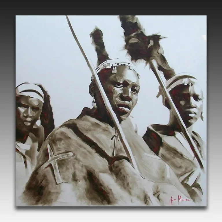 Three figures with tall staffs, painted in muted sepia tones