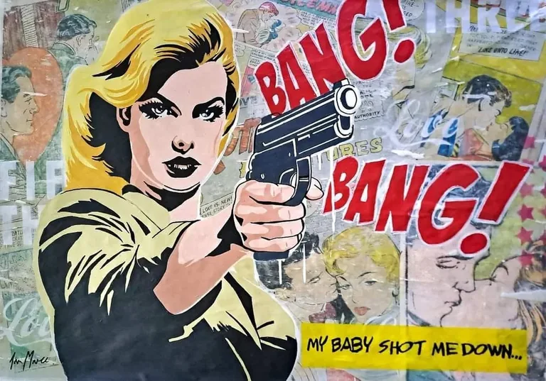 Comic-style woman with a pistol against a collage background