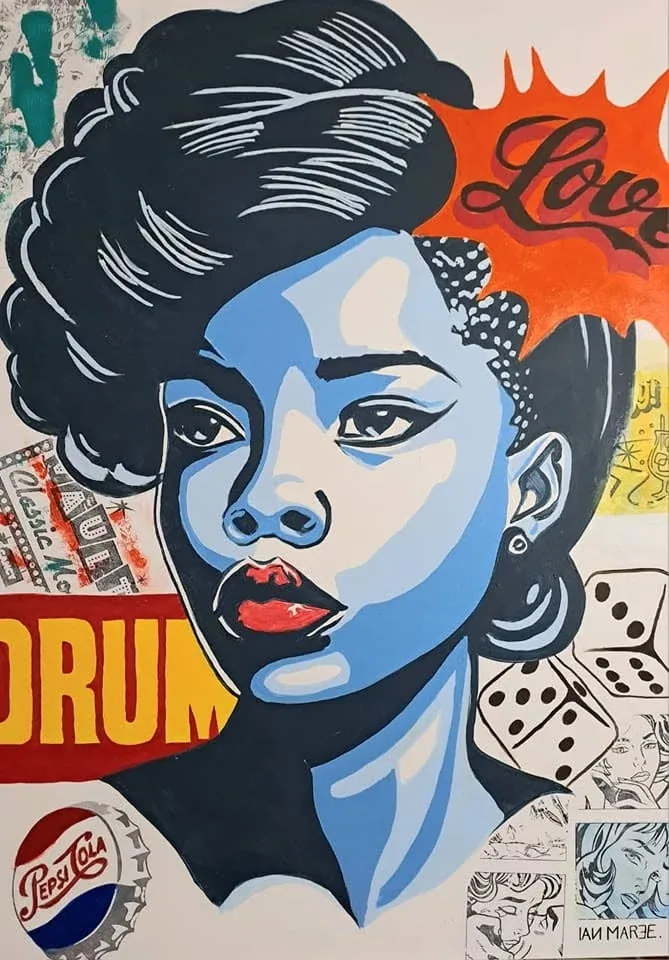 A blue-toned portrait surrounded by vintage graphics