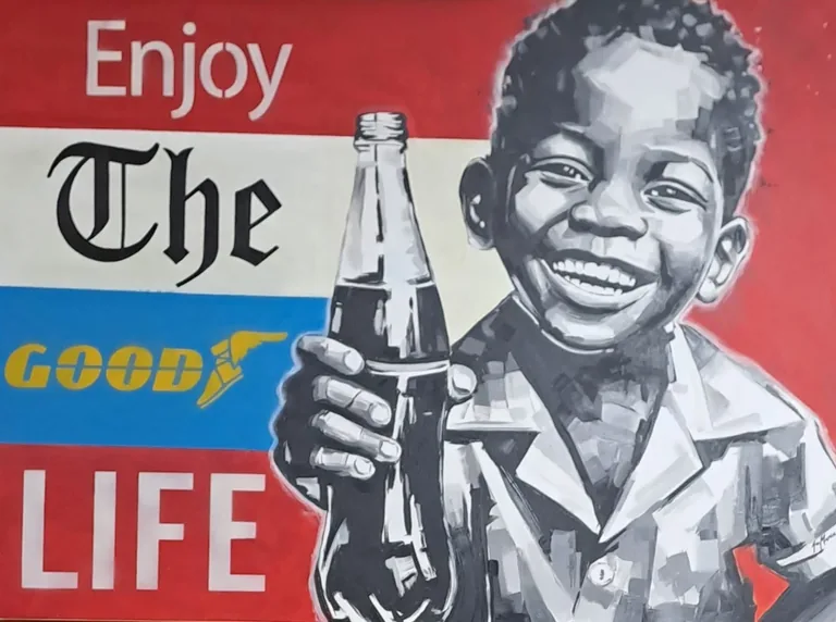 Smiling child with a bottle against red and blue graphics