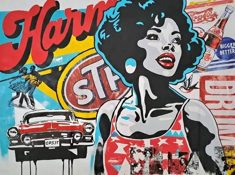 Graphic portrait, vintage car and advertising collage