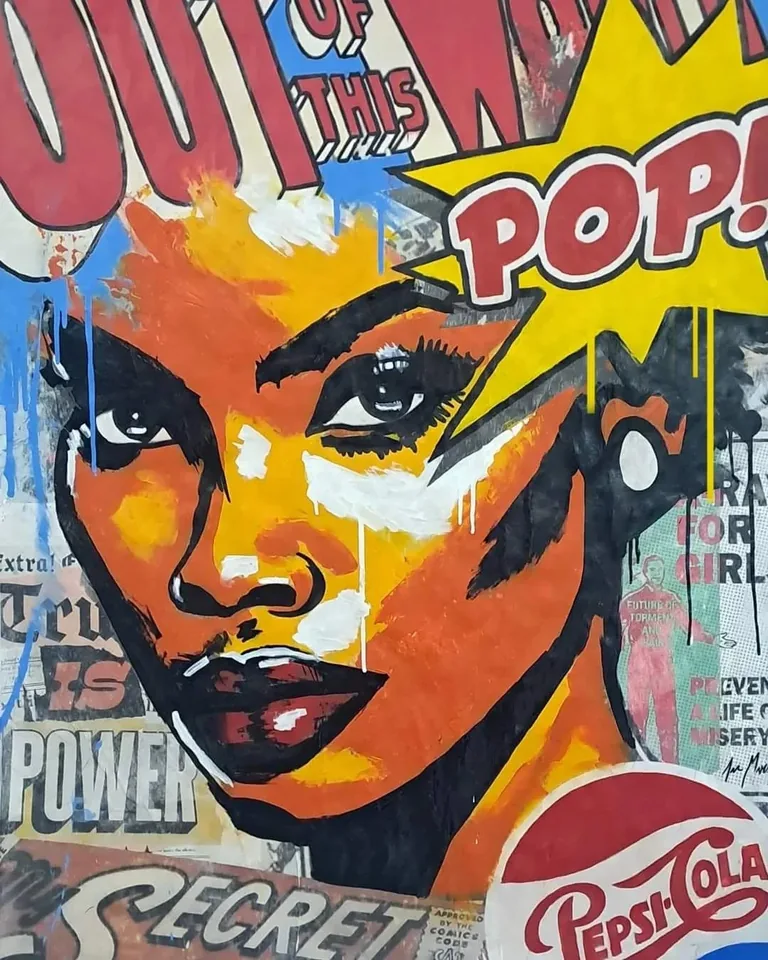 Orange-toned pop-art portrait with bold typography