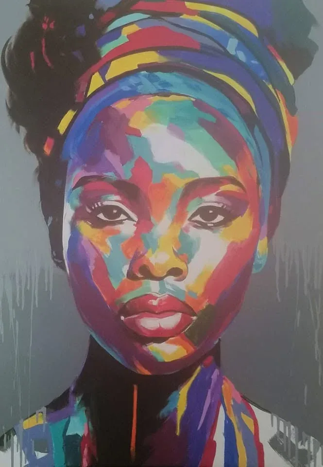 Colourful portrait with a striped headwrap