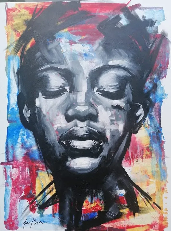 Expressive face in black, white, red and blue brushwork