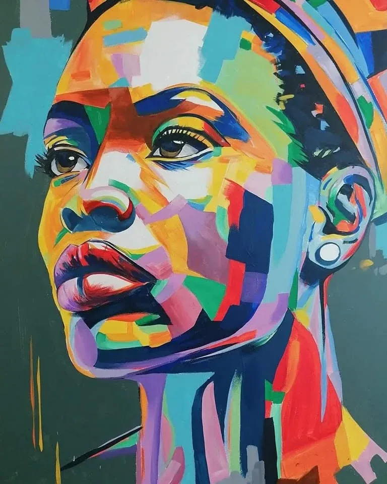 Colourful portrait with a headwrap and geometric brushwork